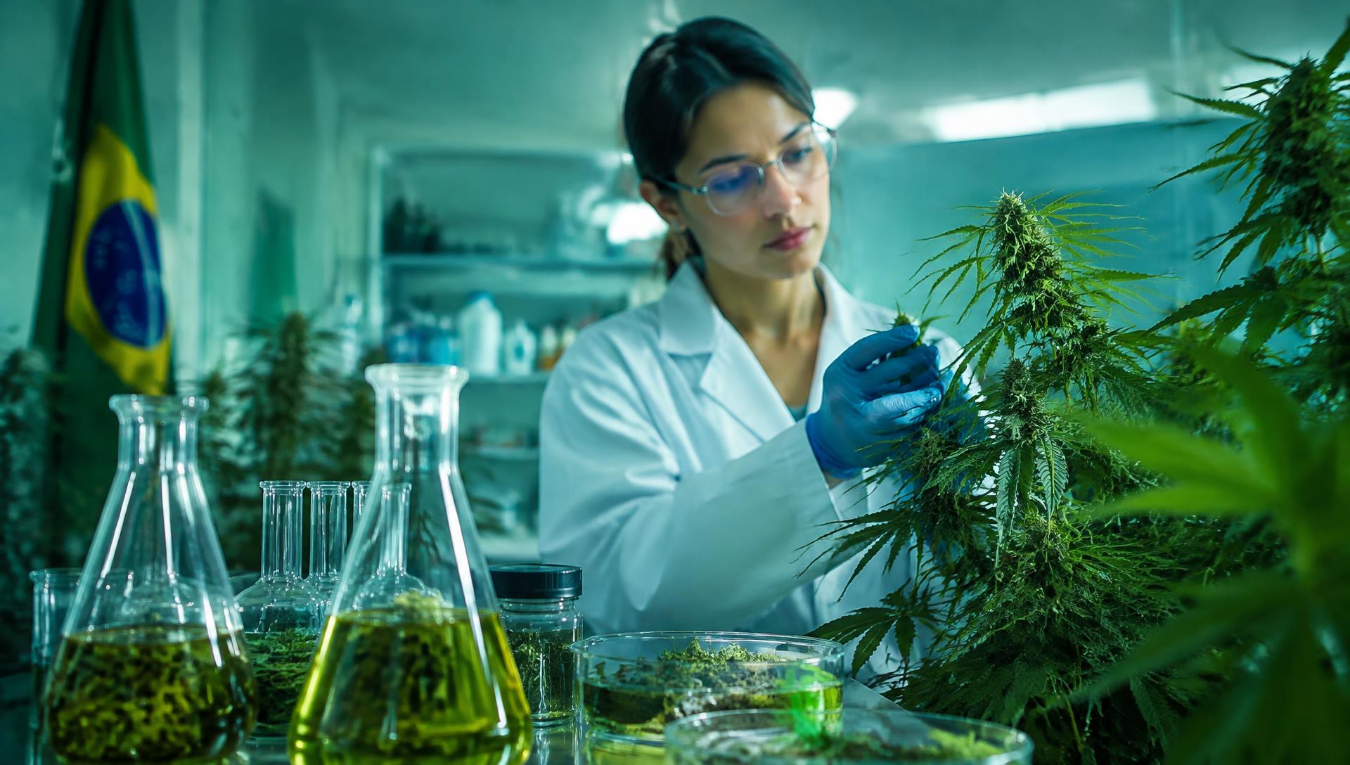Pesquisadora analisando plantas de cannabis em laboratório